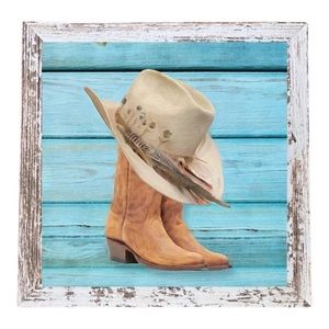 Hand Crafted Cowboy Boots and Hat Wall Art - Tan and Blue